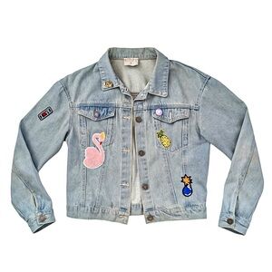 Compania Fantastica Blue Denim Jean Applique Jacket With Colorful Patchwork Sz M